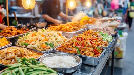 Obraz premium Vibrant street food market with diverse dishes including rice, noodles, and vegetables, showcasing colorful culinary delights.
