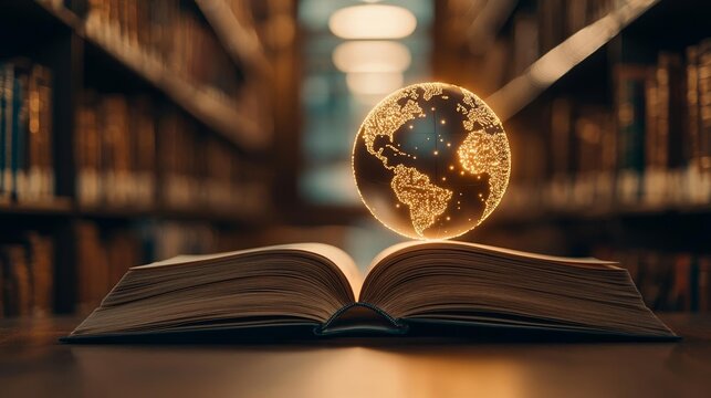 In a dimly lit library, a glowing globe rises from an open book, symbolizing the convergence of history and global learning
