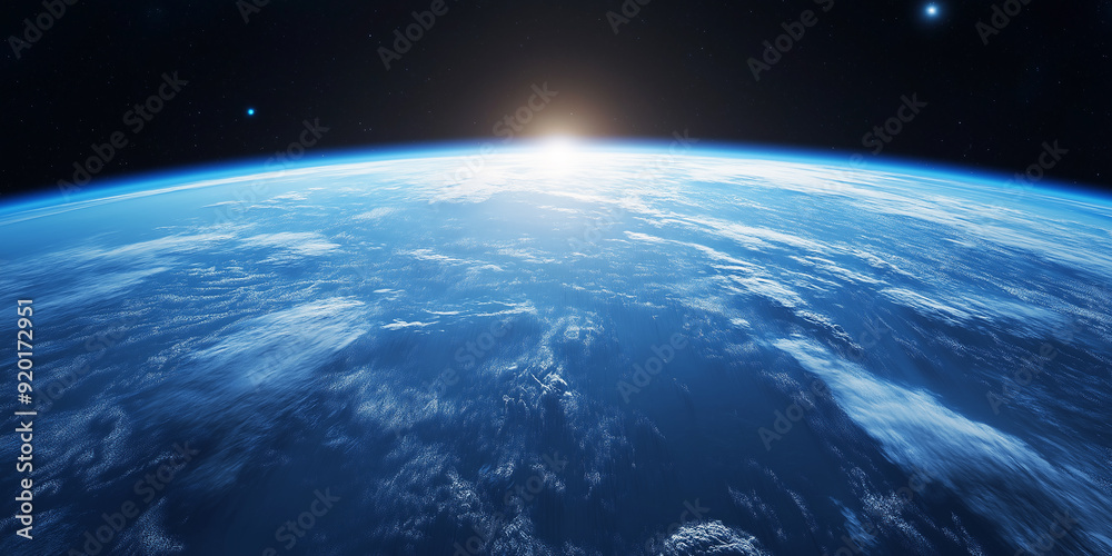 Poster planet earth slowly rotating in the space with the sun rising above the horizon