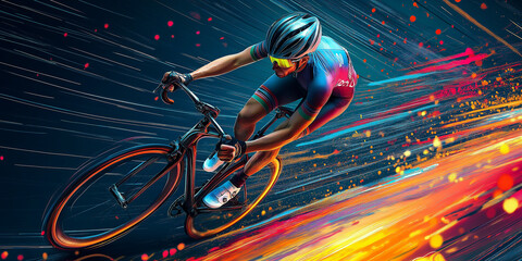 Professional cyclist riding road bicycle in fast motion, abstract illustration