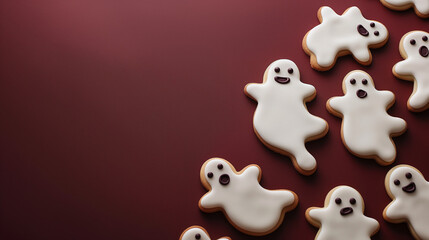 Obraz premium Whimsical Halloween ghost cookies with delicate royal icing on deep burgundy background with copy space