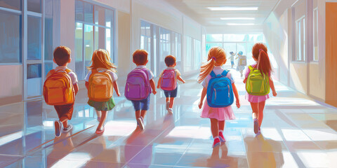 Obraz premium Group of elementary students walking down school hallway