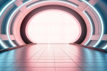 Obraz premium Futuristic hallway with glowing lights and tiled floor.