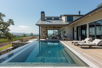 Obraz premium Modern farmhouse with large pool, stone accents, flat metal roof, black steel columns on covered porch, rectangular aluminum infinity pool, wood deck, Napa Valley landscape, blue sky, minimal editing 