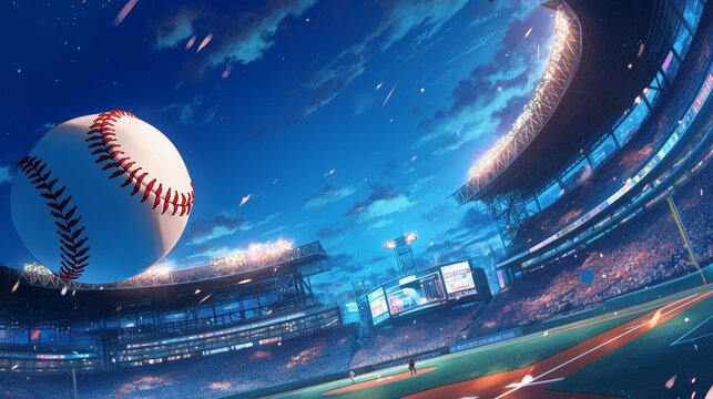 飛んでいる野球ボール、ナイトゲームの野球スタジアム9