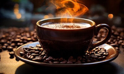 Fototapeta premium cup coffee with lot coffee beans