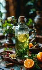 bottle lemon and basil tea on table