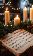 Christmas Eve Serenity: A Beautiful Sheet Music with Mistletoe and Lit Candles on a Church Table Before the Carol Service Begins
