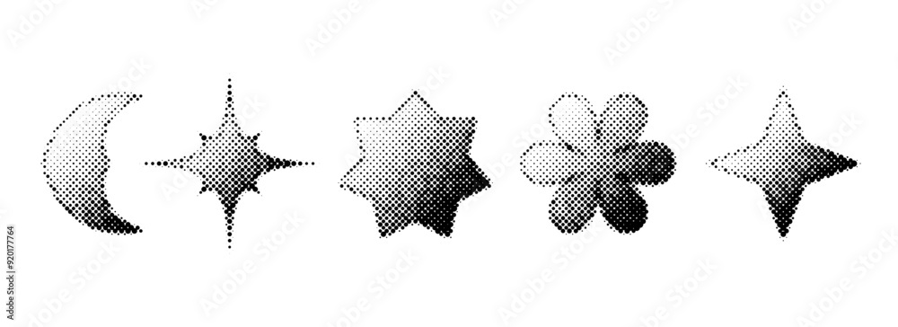 Poster Halftone grain stars set. Dotted grunge geometric shape collection. Y2K bitmap gradient elements bundle. Pixel comic burst and sparkle elements for graphic design, poster, banner. Vector pack