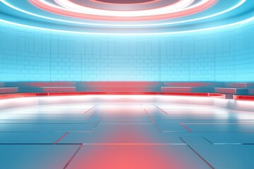 Futuristic blue and red empty stage with neon lights.