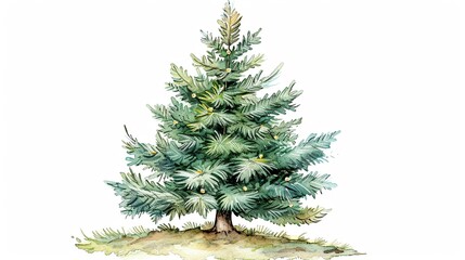 Fototapeta premium Fir tree adorned with Christmas lights,Clipart, watercolor illustration, Perfect for nursery art The style is hand drawn, white background