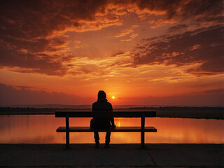 Obraz premium A dark silhouette of a person sitting alone on a bench, facing the horizon during a sunset with vibrant orange and red skies.