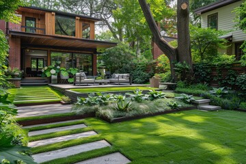Naklejka premium Elegant and modern backyard garden with lush green grass, seating areas, stone steps to wooden fence, surrounded by trees and plants, brick or wood-colored house, another home visible through woods,