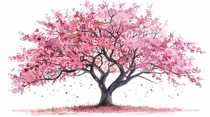 Flowering cherry tree in bloom,Clipart, watercolor illustration, Perfect for nursery art The style is hand  drawn, white background