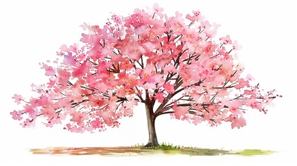 Flowering cherry tree in bloom,Clipart, watercolor illustration, Perfect for nursery art The style is hand  drawn, white background