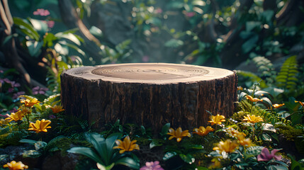 Product presentation with a wooden podium set amidst a lush tropical forest