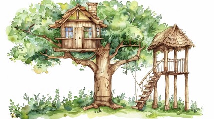 Treehouse nestled high in the branches,Clipart, watercolor illustration, Perfect for nursery art The style is hand  drawn, white background