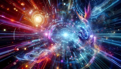 Obraz premium Fractal realms of glowing energy and swirling motion, showcasing a vibrant, abstract design in a futuristic space22