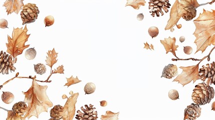 Acorns and pine cones scattered about,Clipart, watercolor illustration, Perfect for nursery art The style is hand  drawn, white background