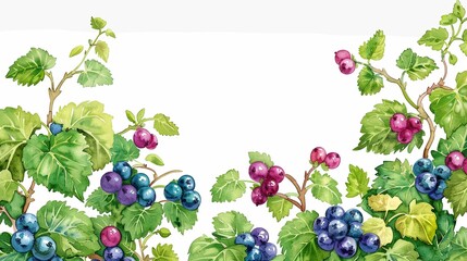 Berries ripening on bushes and vines,Clipart, watercolor illustration, Perfect for nursery art The style is hand  drawn, white background