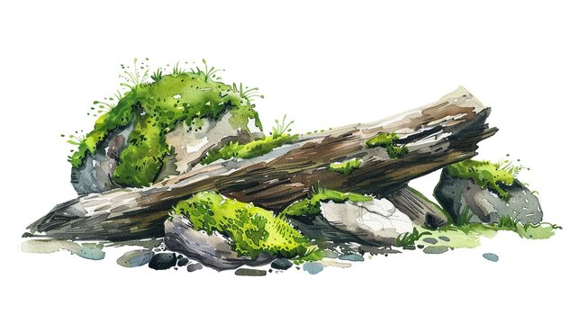 Moss Covered Rocks And Fallen Logs,Clipart, Watercolor Illustration, Perfect For Nursery Art The Style Is Hand  Drawn, White Background