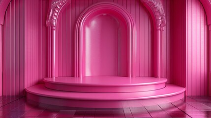 A vibrant pink stage with elegant arches and glossy surfaces, perfect for showcasing fashion, events, or creative projects.