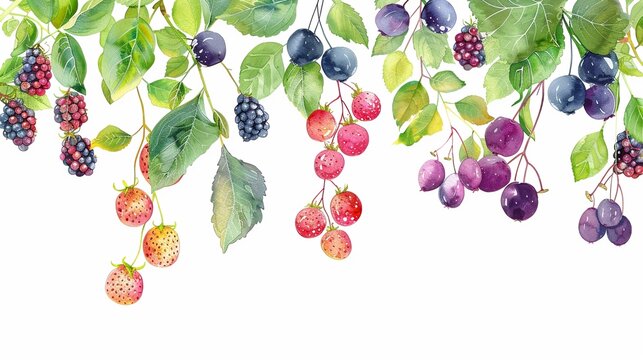Forest fruits dangling from branches,Clipart, watercolor illustration, Perfect for nursery art The style is hand  drawn, white background