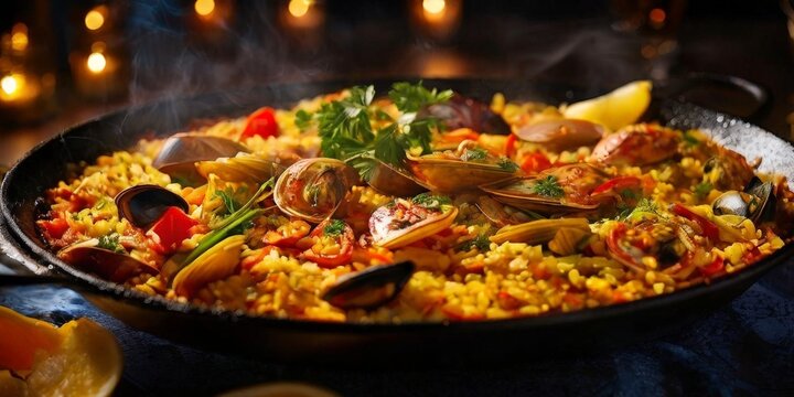 a paella dish with various ingredients, including seafood, vegetables, and rice, presented in a pan