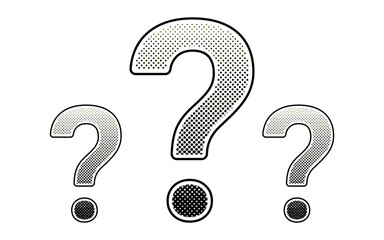 Question mark elements with halftone effect. Black dots and pop art texture. Retro vector illustration