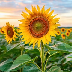 Obraz premium A vibrant sunflower stands tall against a colorful sunset, showcasing its bright yellow petals and detailed center.
