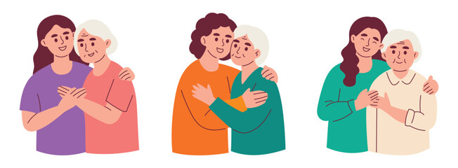 Woman Hugs Her Mother Family Concept