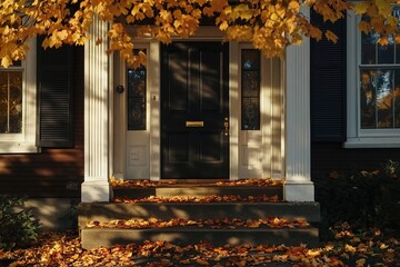 A front door of an American house in the fall, leaves on ground
