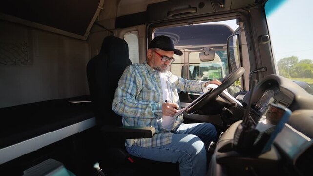 Senior truck driver sitting in truck and checking the delivery list