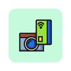 Online money line icon. Scanning credit card, camera, banking. Finance concept. Vector illustration can be used for topics like electronic money, cashless, wireless card