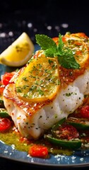 Fototapeta premium plate fish with tomatoes and herbs