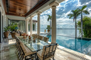 Fototapeta premium Elegant dining area on covered porch with glass table and beige cushioned chairs, white walls, wooden ceiling, large windows with water view, palm trees, cloudy sky, pool with clear blue waters