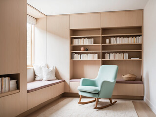 Fototapeta premium A Scandinavian reading nook with a pastel-colored chair, light wood bookshelf, and minimalistic decor.