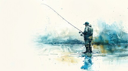Fisherman standing in a river casting a fly fishing line,Clipart, watercolor illustration, Perfect for nursery art The style is hand  drawn, white background