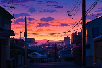 A city at dusk with a beautiful sunset illuminating the sky and buildings The setting has a cozy vibe, Generative AI