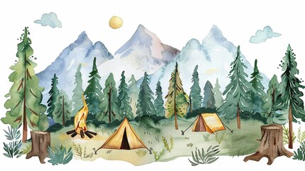 Fototapeta premium Camping in the wilderness,Clipart, watercolor illustration, Perfect for nursery art The style is hand drawn, white background