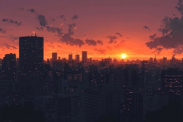 Obraz premium A city skyline during sunset with a serene orange glow over the horizon The atmosphere feels cozy vibe, Generative AI 