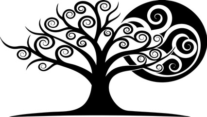 A whimsical tree with exaggerated, leaves silhouette art illustration