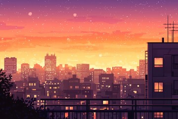 A cityscape at dusk with a sunset casting a golden hue over the skyline The setting is cozy vibe, Generative AI