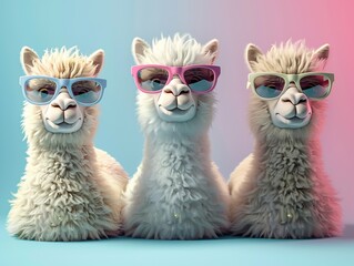 Stylish Fluffy Alpacas in 3D Art, Wearing Cool Sunglasses, Exuding Playful Charm and Summer Vibes. Unique Animal Fashion Concepts.