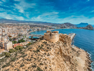 Aerial view of San Juan fort and popular beach in Aguilas Spain, popular Mediterranean tourist destination with turquoise water