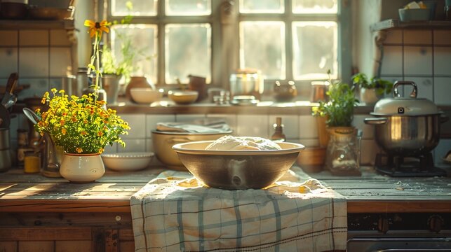 Dough resting in a cozy farmhouse kitchen