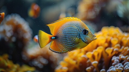 Obraz premium A Vivid Yellow and Blue Fish with Dotted Pattern in an Aquarium