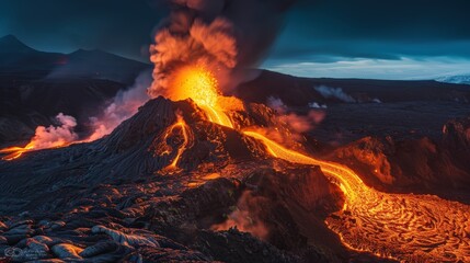 Fototapeta premium Erupting Volcano at Night with Lava Flow