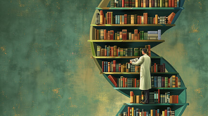 Scientist studying in a library with a DNA strand in the background