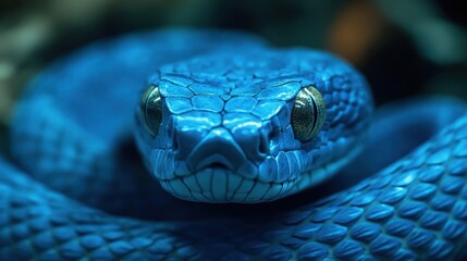 Close-up of a vibrant blue snake's head and coils.
